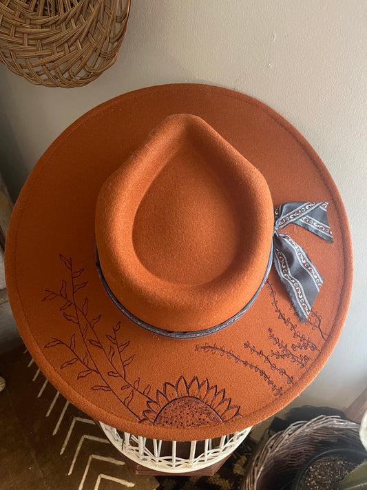 Rust Floral Brim Hat // Blue silk band