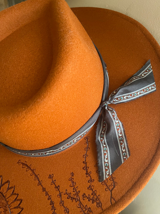 Rust Floral Brim Hat // Blue silk band